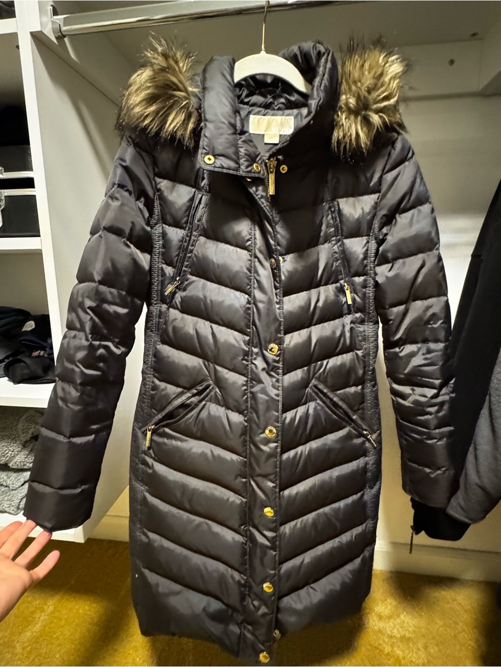 MICHAEL Michael Kors Black Long Quilted Puffer Coat with Faux Fur Hood